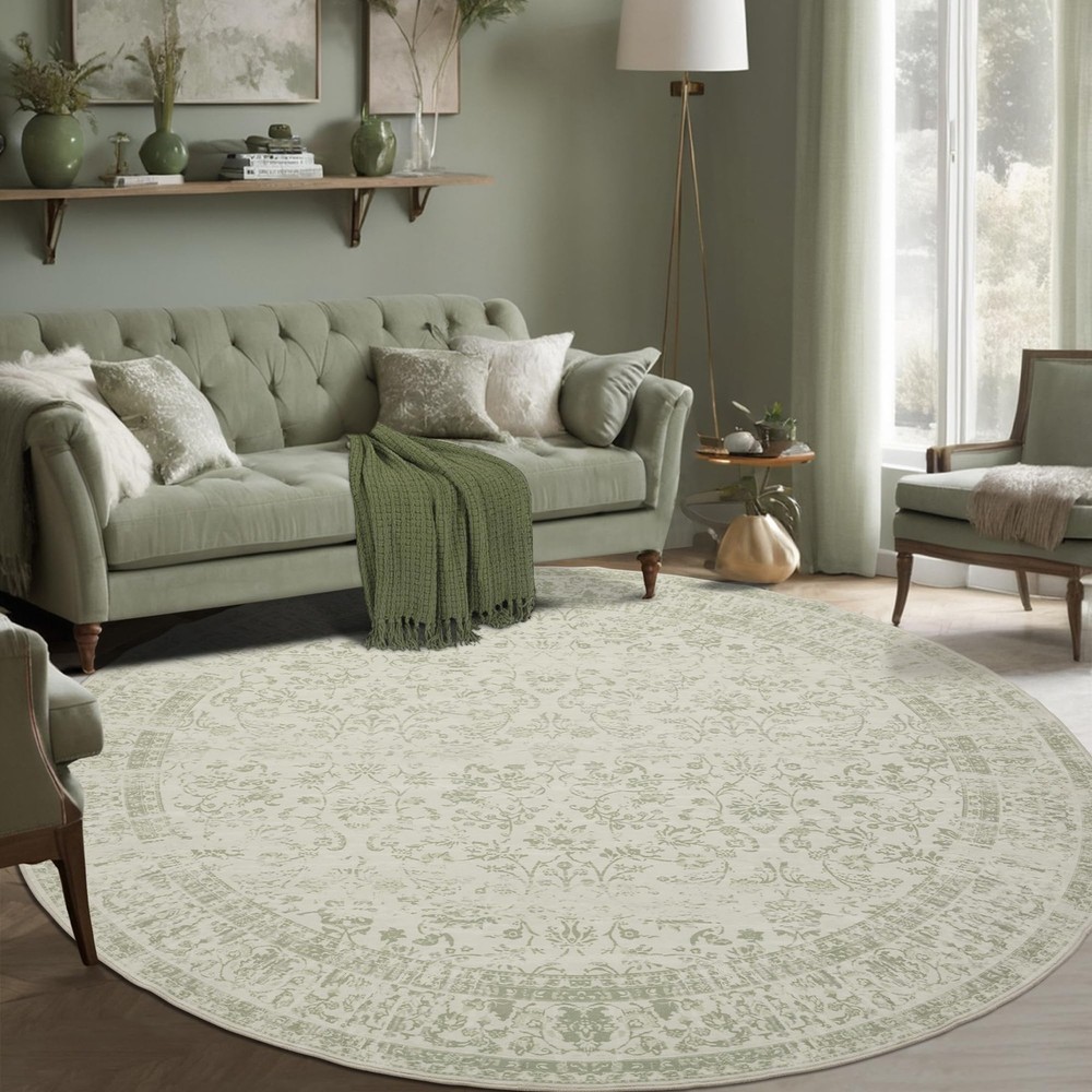 Vintage Rug Indoor Floor Cover Floral Print Blush Sage Green Circle Rug 8' Ro...