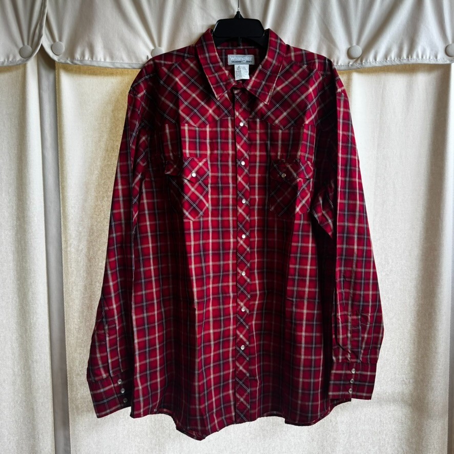 Wrangler Rancher Shirt Mens 2XT Tall Red Plaid Pearl Snap Western Cowboy