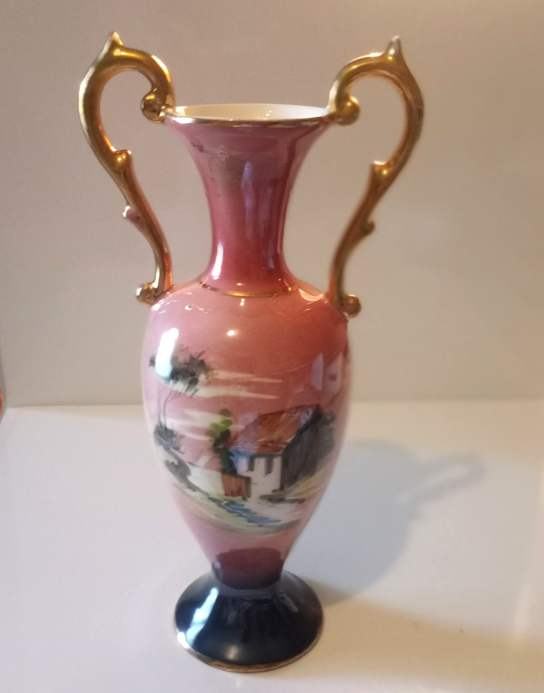 Vintage Pink Vase Hand Painted Double Gold Handle