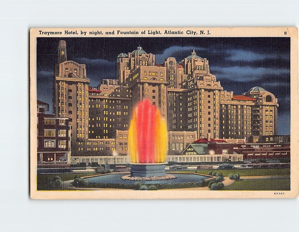 Postcard Traymore Hotel by Night & Fountain of Light Atlantic City NJ USA