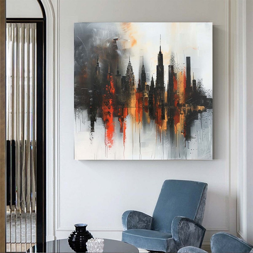 Hand Painted Abstract Wall Art Painting On Canvas City Black White Picture Room