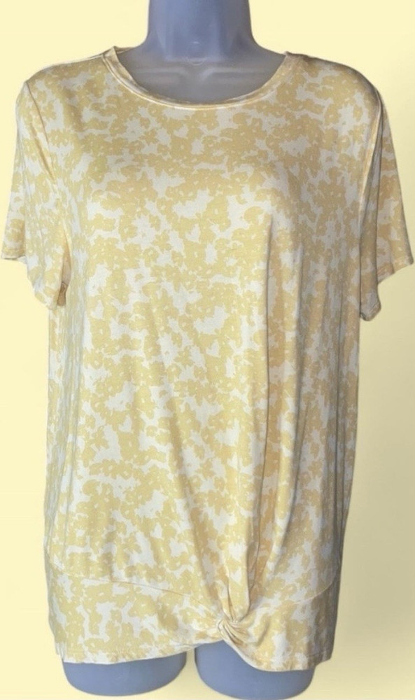 Apt. 9 Womens Yellow/White Abstract Knit Twist Front Short Sleeve Top Size L