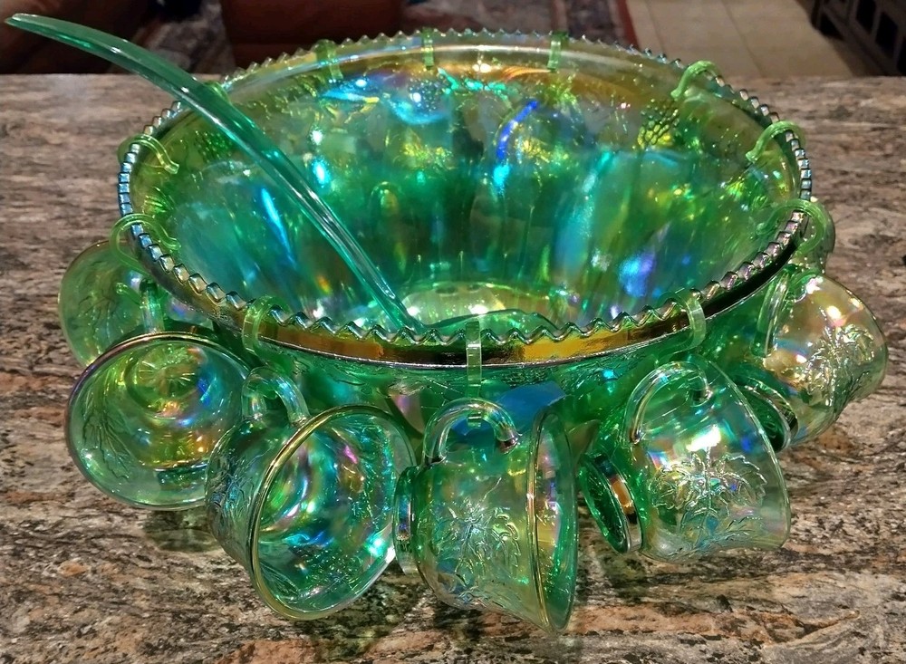 Vintage Indiana Harvest Grape Carnival Glass Iridescent Green Punch Bowl Set with Hooks