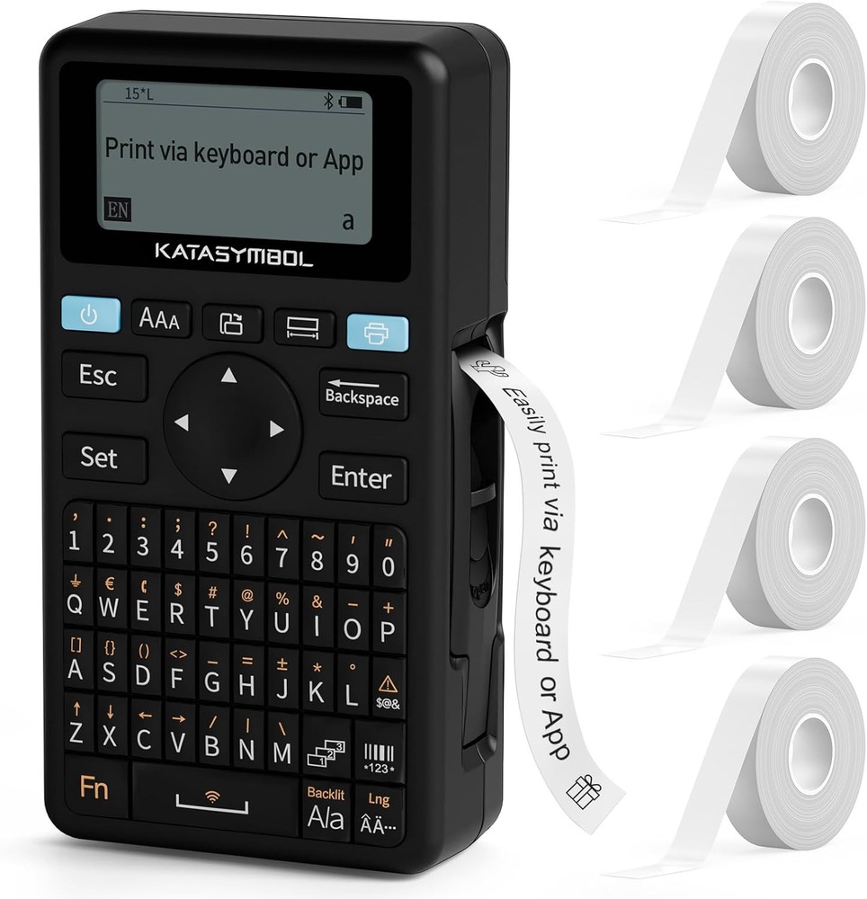 SUPVAN E11 Bluetooth Label Maker with Keyboard & 4 Tapes in Black