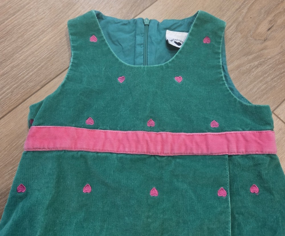 Girls Hartstrings Green Corduroy Pink Embroidered Hearts Jumper Dress size 5