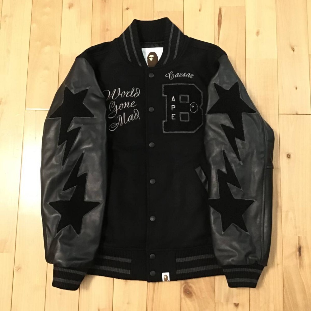 Bape Sta Sleeve Leather Stadium Jacket M Size Black A Bathing Ape Star Varsity V