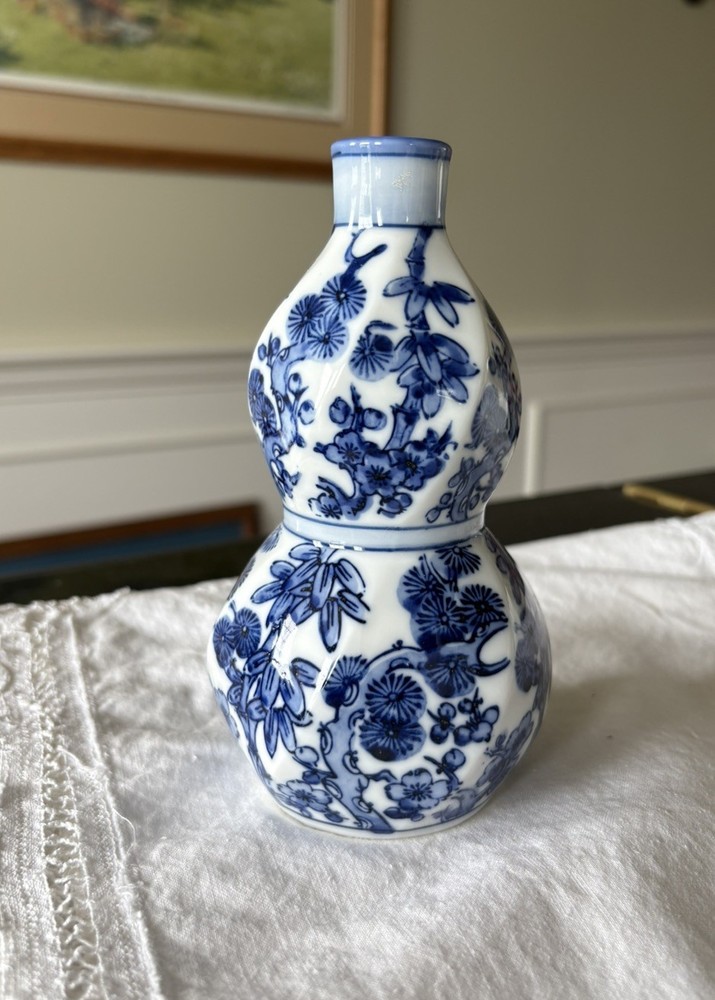 Vintage Japanese Porcelain Tokkuri Sake Bottle Dbl Gourd Vase Blue White Floral