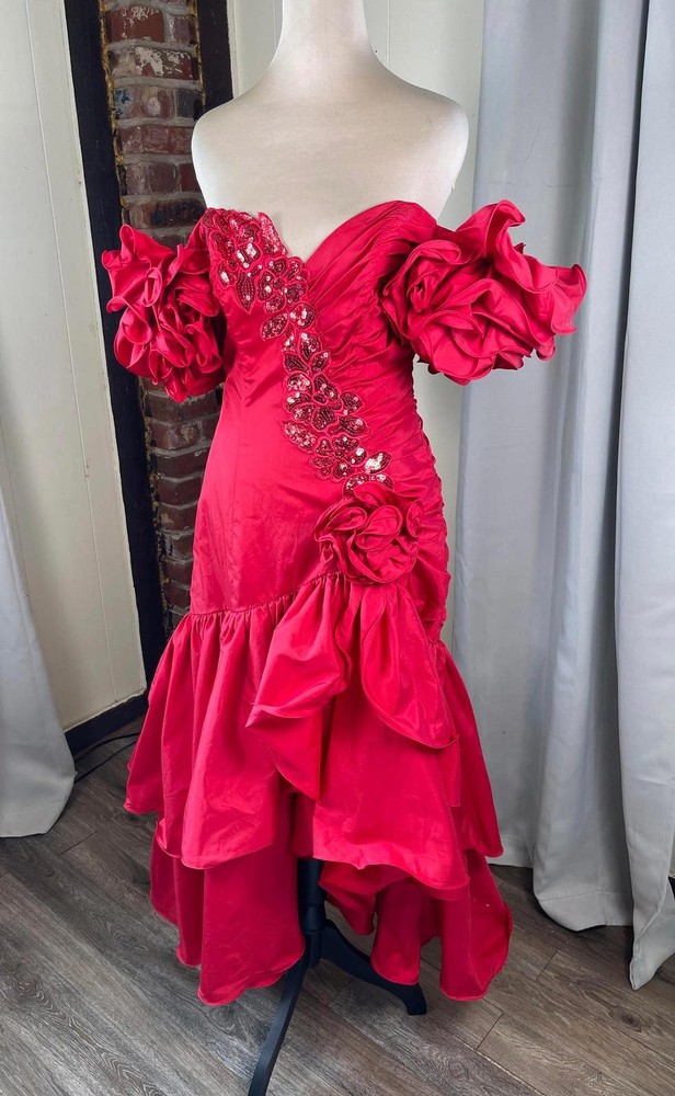 1980S Alyce Designs Red Off-Shoulder Formal Evening Dress Small