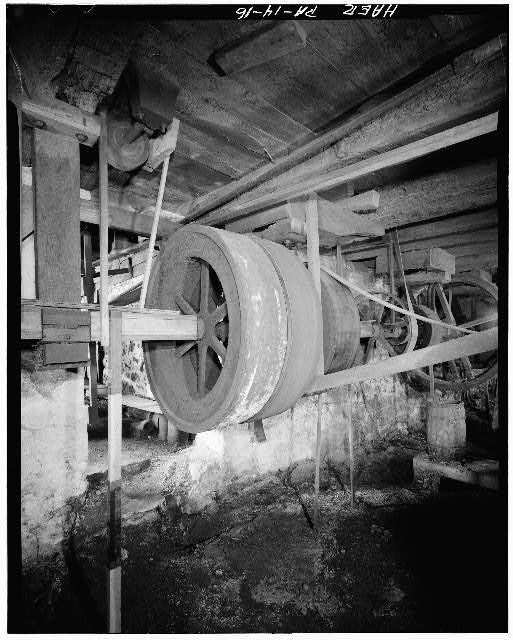 16. June 1974. BASEMENT, VIEW LOOKING SOUTHWEST, SHOWING THE MAIN LINE SHAFT