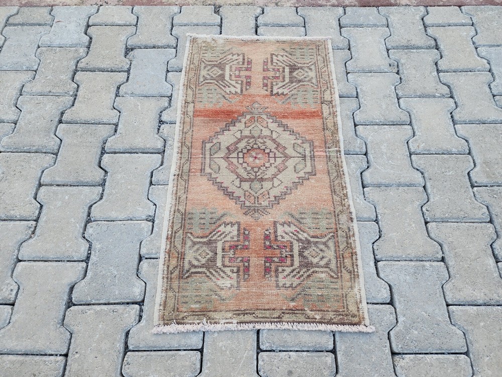 Mini Turkish Geometric Wool Rug 1.6x2.9ft Terracotta Green Tribal Design