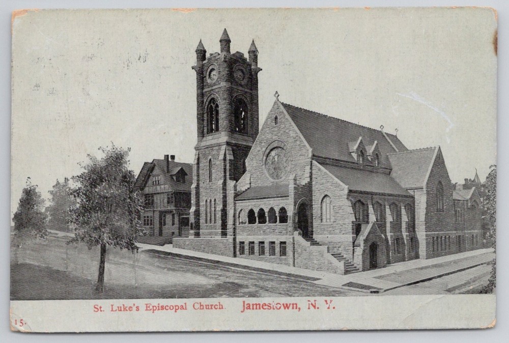 St. Luke's Episcopal Church Jamestown NY Postcard c.1918 Posted Clock Tower