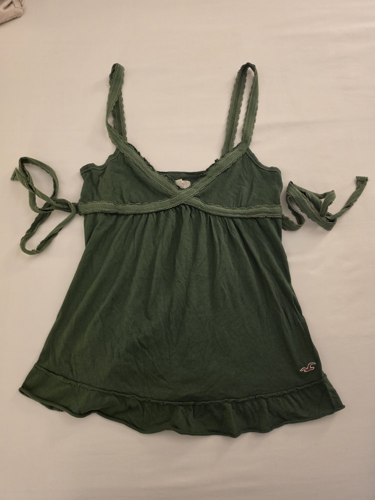 Hollister Y2K Babydoll Tank Top Green Lace Trim Tie Strap Flowy Cami Size M