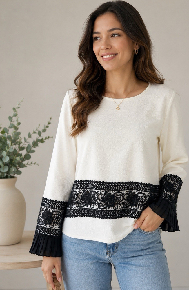 KARL LAGERFELD White Black Lace Trim Blouse, Round Neck, Bell Sleeve, 8