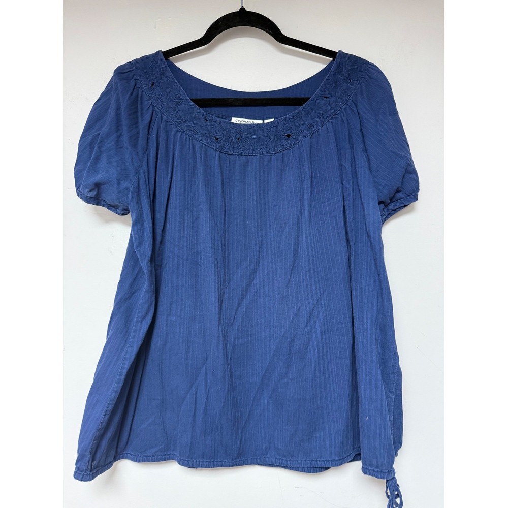 St Johns Bay Blue Peasant Top Blouse Womens L Short Sleeve Embroidered Neck