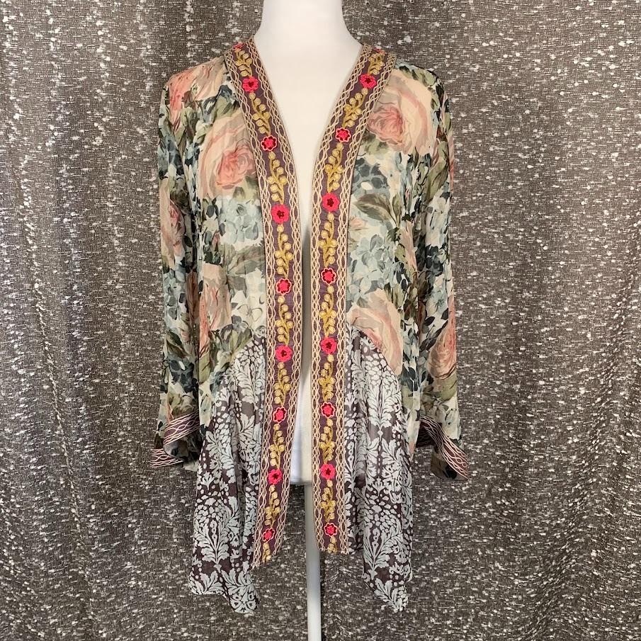 Soft Surroundings Floral Embroidered Kimono Cardigan Boho Women's Large