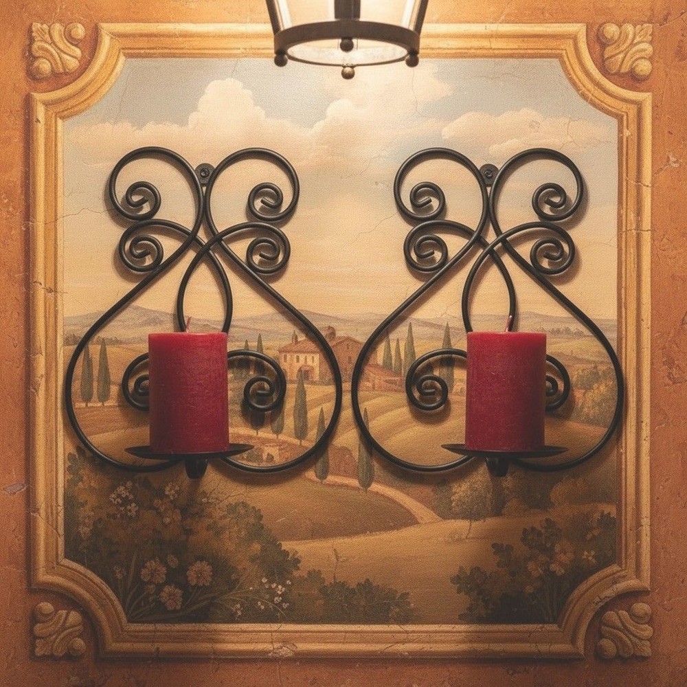 Set of 2 Metal Wall Candle Holders Folding Tray Scroll Design Black Vtg Sconces
