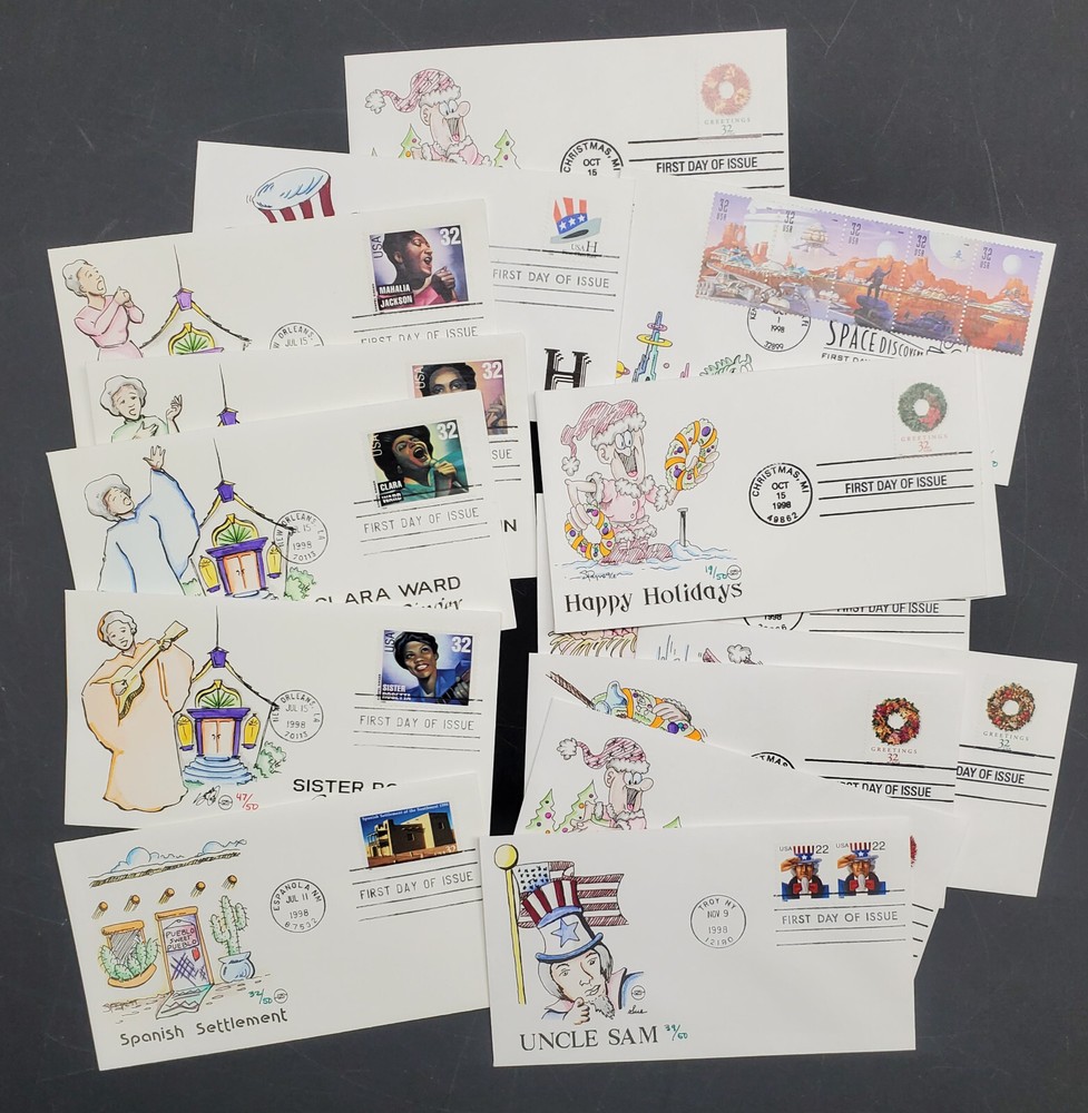 Lot of 73 Steve Wilson Handdrawn + Colored FDCs 1998-1999