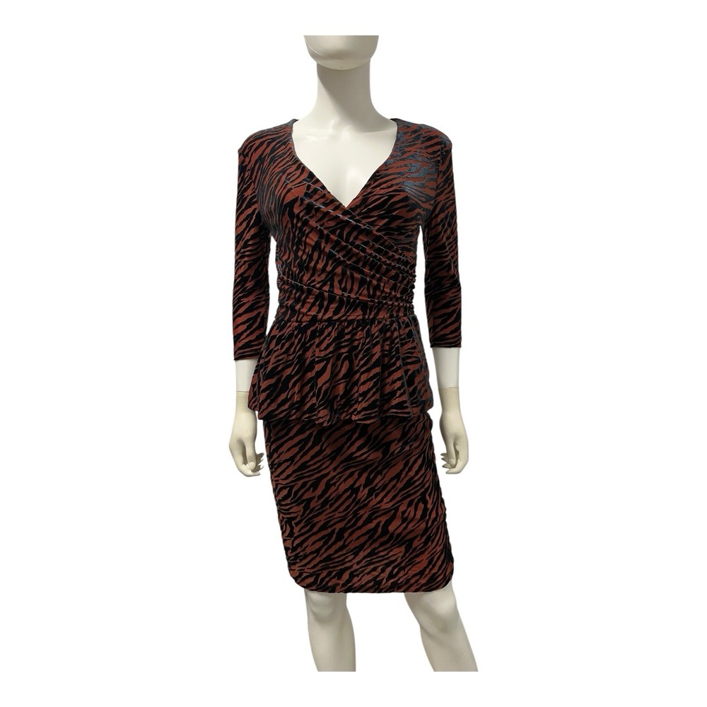 GANNI Brown Plunge Stretchy Peplum Animal Striped Stretch Bodycon Dress 38 S