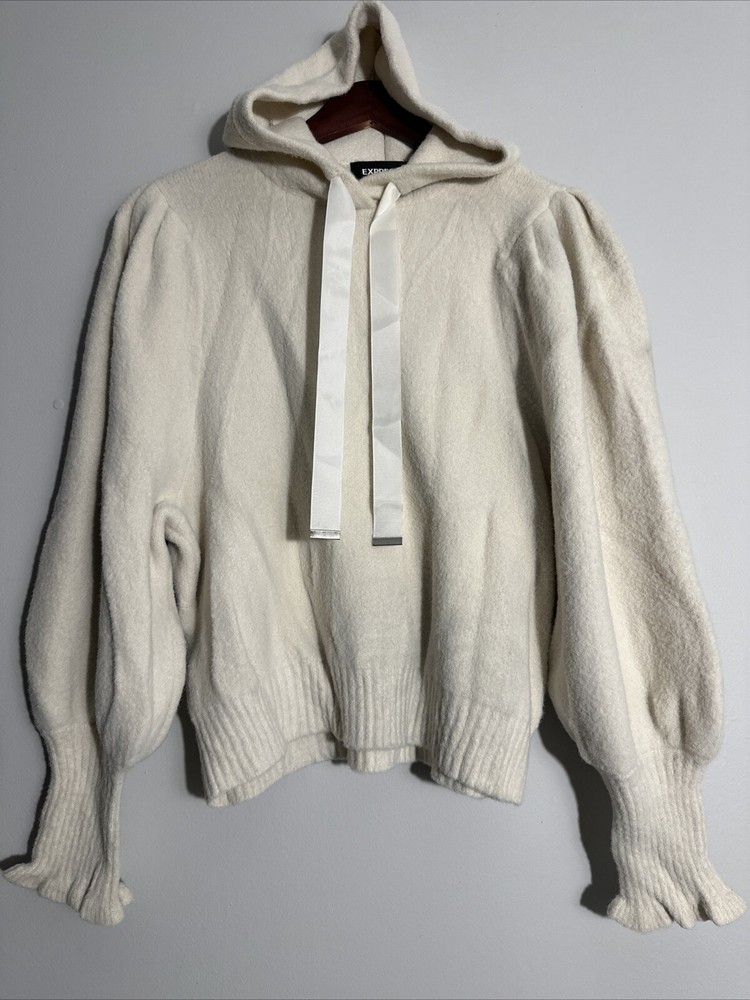 Express Women M Cream Drawstring Hooded Hoodie Soft Sweater Balloon Sleeve