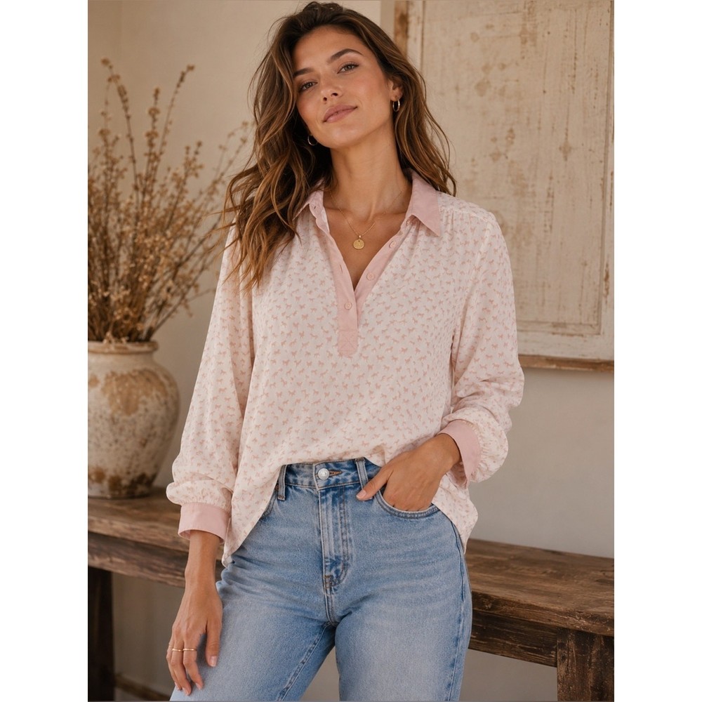 Free People Pink Horse Print Collared Blouse Boho Western Top XS