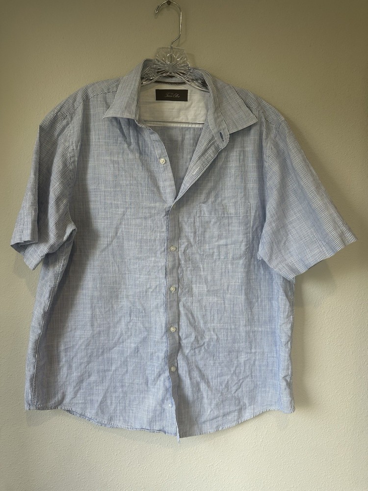 Tasso Elba Shirt Men  Large Adult Blue White Button Down Short Sleeve Pocket