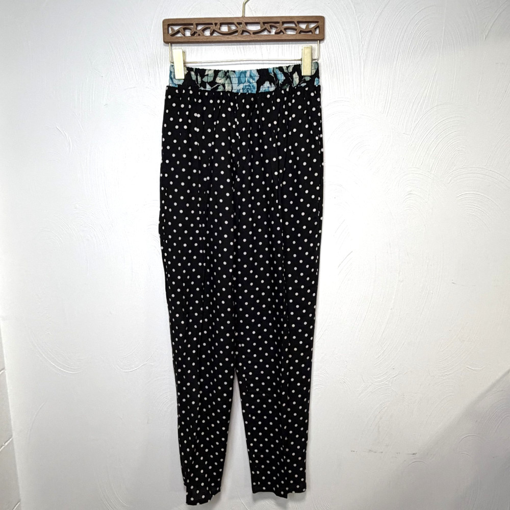 Vintage Fritzi Women's Black Polka Dot Floral Waistline Accent Pants Size Large