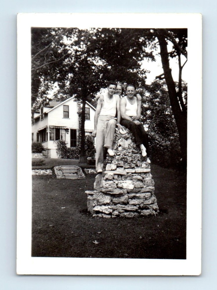 Old Vintage Photo TRIO MEN WOMAN ATOP ROCK PILE ORIGINAL SNAPSHOT PICTURE
