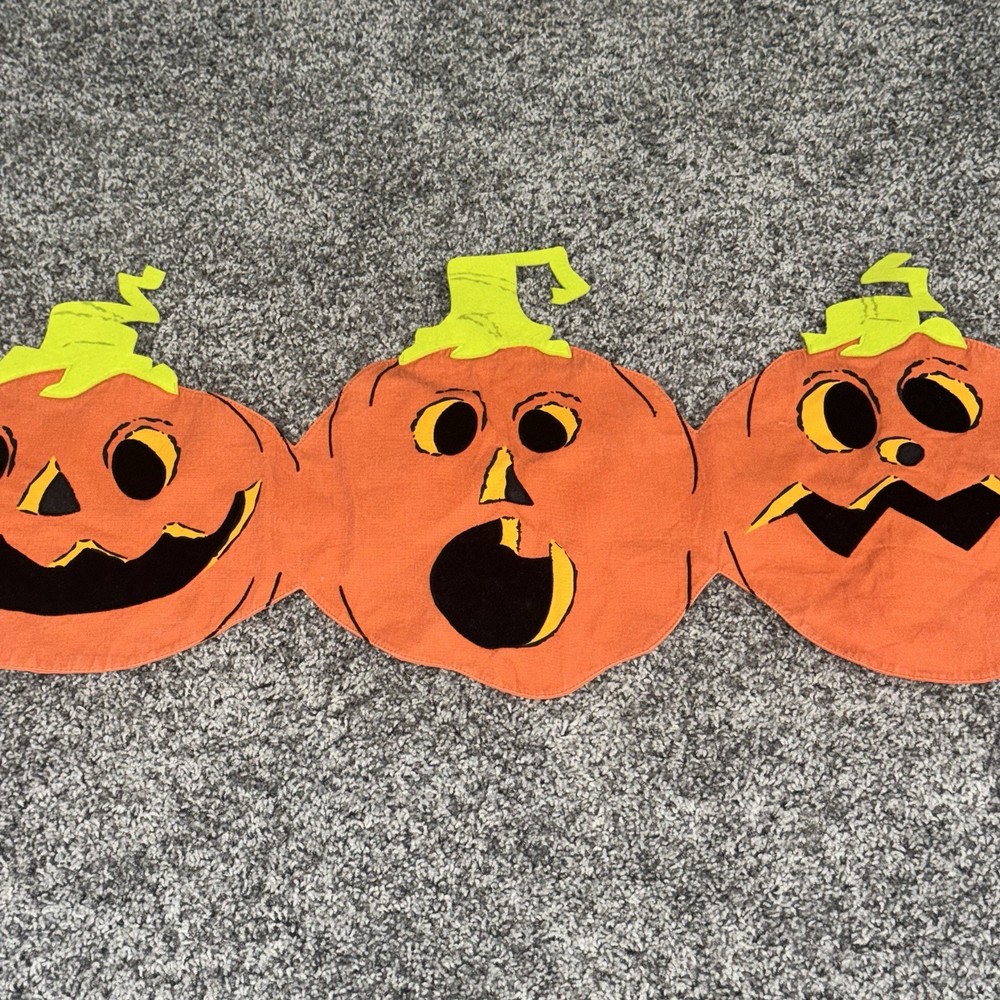 Vtg 90s Halloween Fabric Pumpkin Jack-O-Lantern Banner Decoration Table Runner