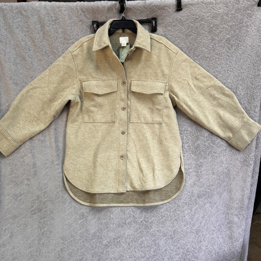 H&M Women’s Small Beige Oversized Shacket Button Long Sleeve Pocket Shirt, NWT