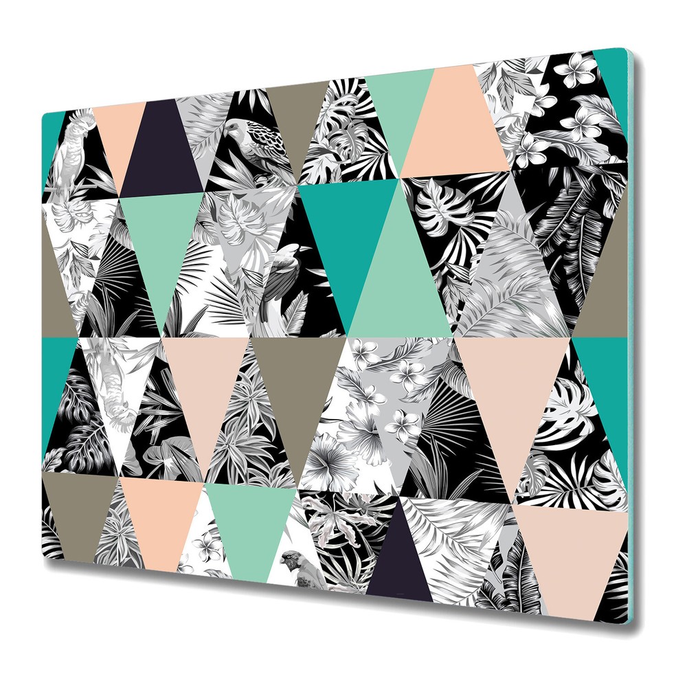 Glass Chopping Cutting Board Tropical patchwork black white and grey design
