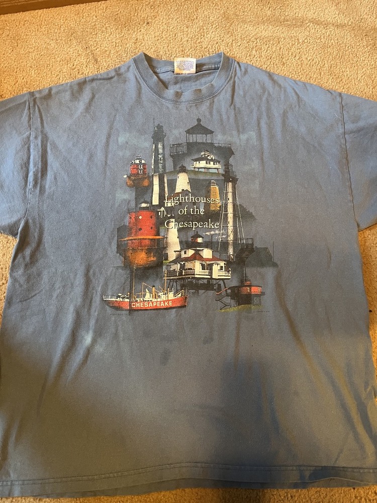 Vintage 1997 Lighthouses of the Chesapeake Bay T Shirt Hanes Beefy XL Blue Boats