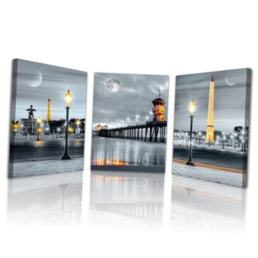 Lapremoly 12x16 Inch 3-Piece Canvas Wall Art Night View Painting for Living Room