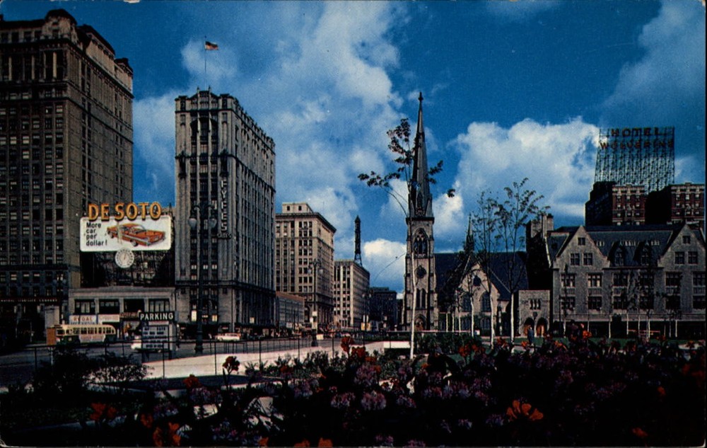 Woodward Avenue Detroit Michigan from Grand Circus Park ~ 1950s-60s postcard
