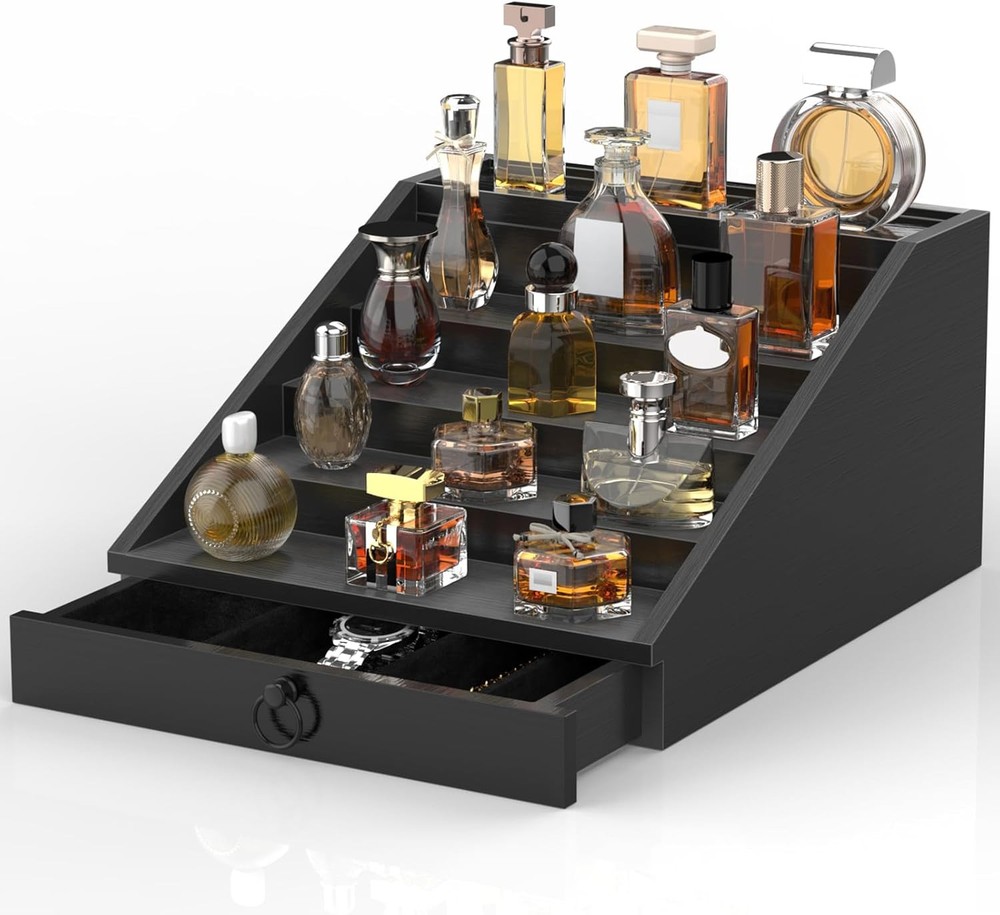 Wooden Cologne Organizer for Men Enhanced 5 Tier Stand 5tier-black