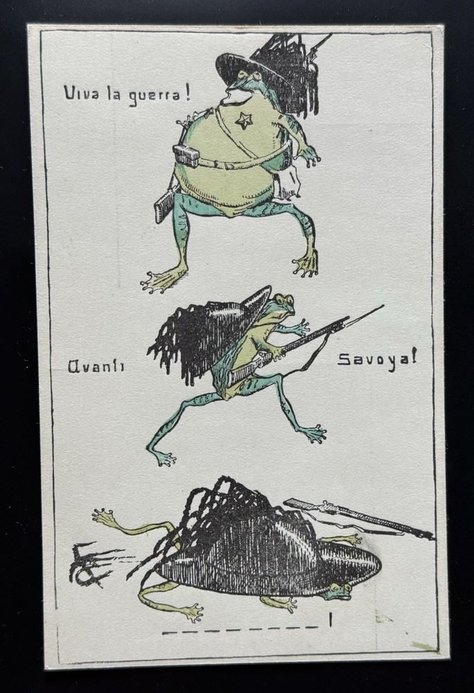 Antique Anti War Frog Soldier Comic Postcard Viva La Guerra Italy 1910s