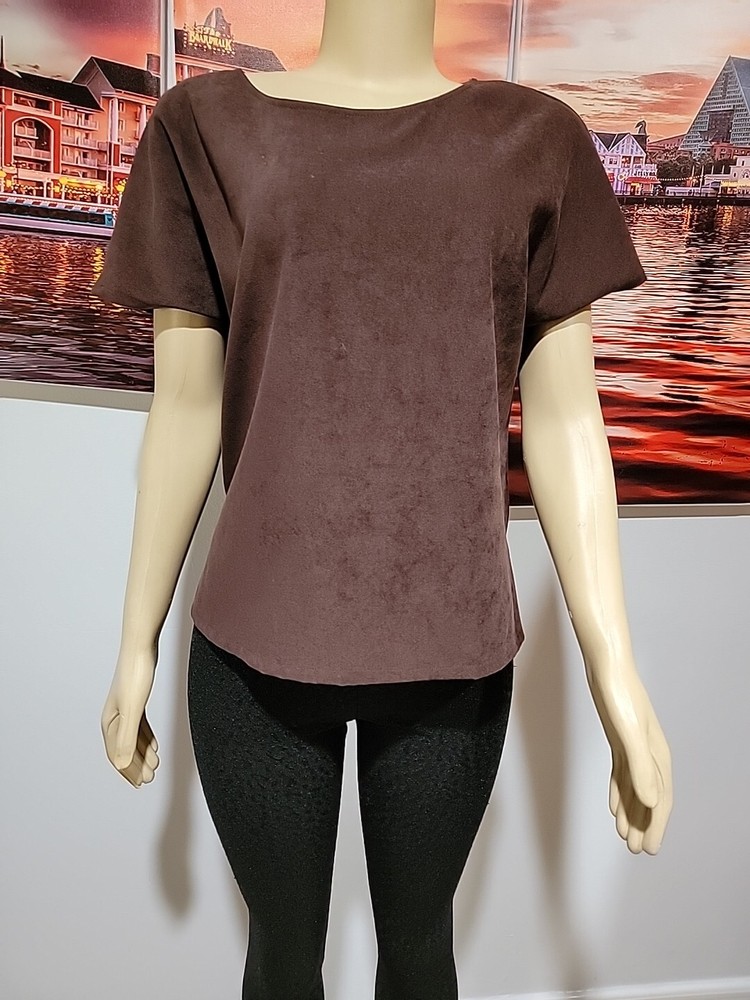 VTG Saint Germain Paris Brown Sz S Faux Suede Women's Top Short Sleeve  #C