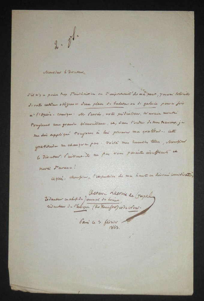 LACROIX DE CRESPEL Octave - SIGNED AUTOGRAPH LETTER, NEWSPAPER LOIRET, PARIS 1863