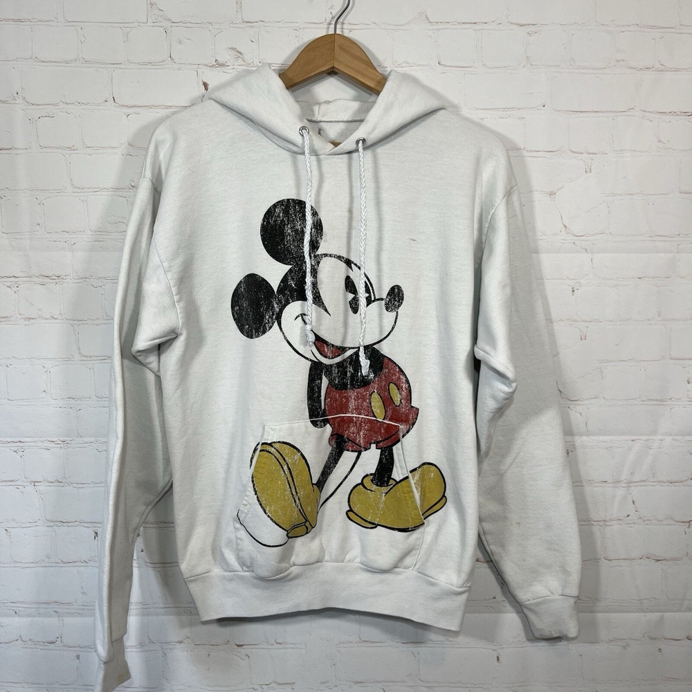 Disney Parks Mickey Mouse Hoodie Womens Size Medium White Sweatshirt Distressed