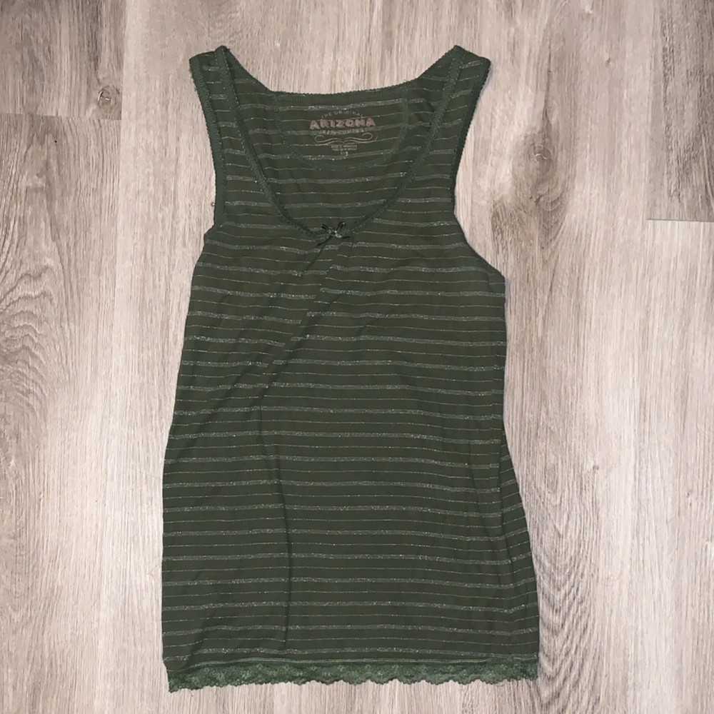 Arizona Jean Company Women's Green Striped Scoop Neck Lace Bow Tank Top L