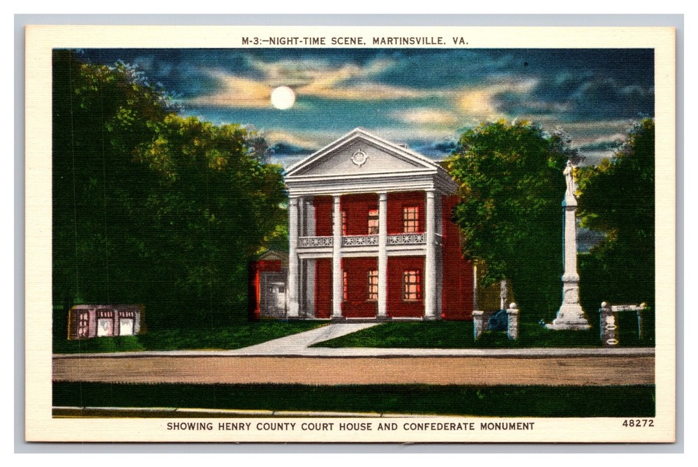 Martinsville VA Virginia Henry County Court House Night View Linen Postcard