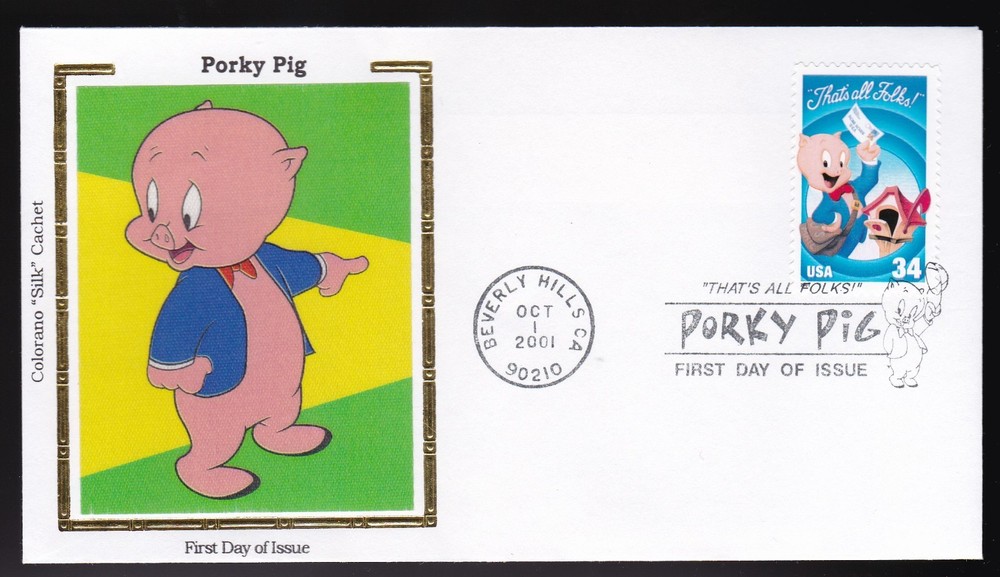 Porky Pig #3534 Us First Day Cover 2001, Colorano Silk Cachet Fdc