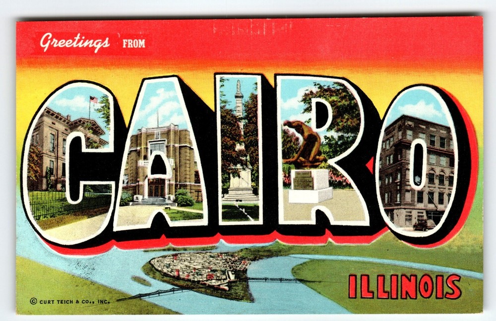 Greetings From Cairo Illinois Large Letter Postcard Linen Curt Teich Vintage