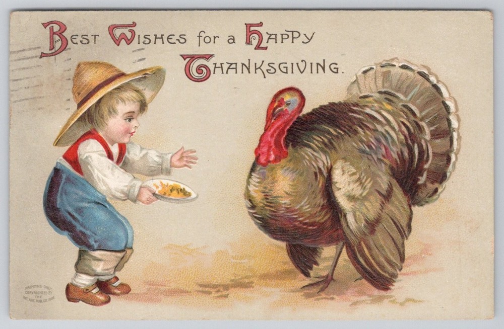 1908 Thanksgiving Postcard Boy & Turkey Scranton PA Postmark Int'l Art Pub