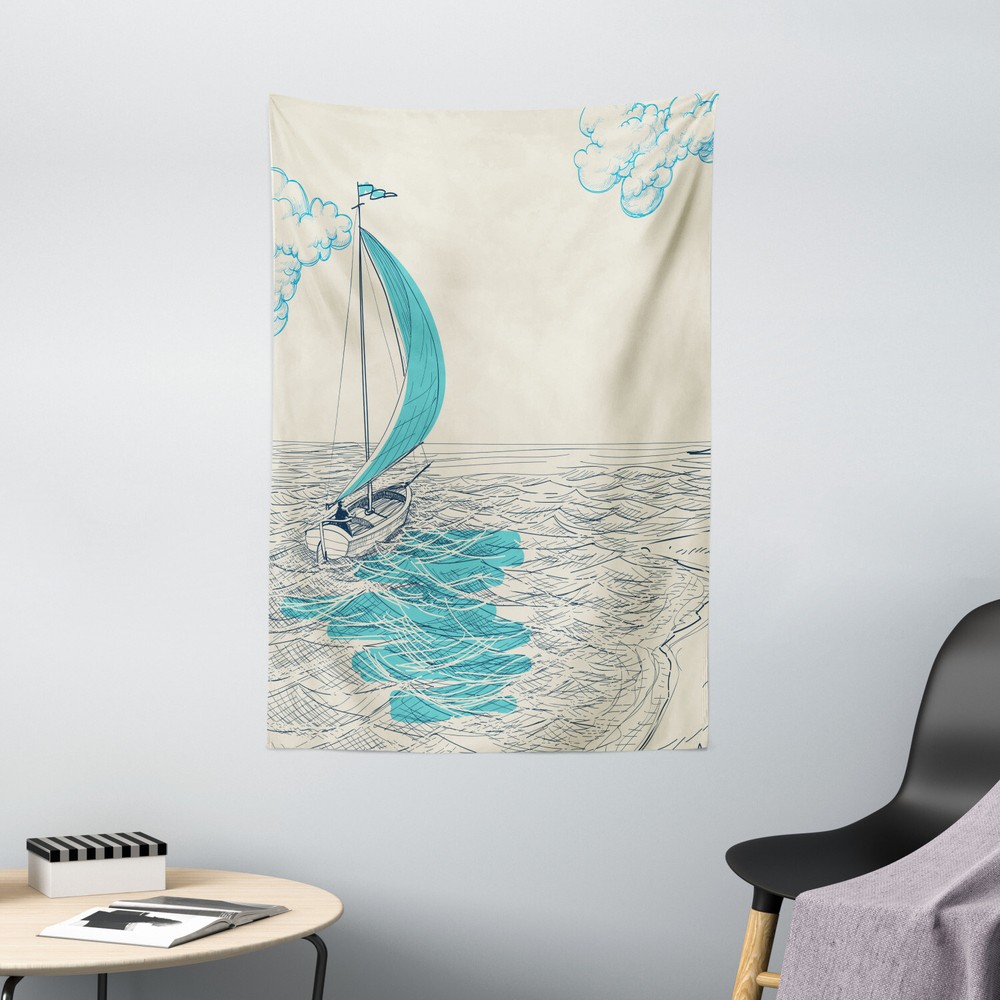 Black White Tapestry Cloudy Sailing Boat Print Wall Hanging Decor