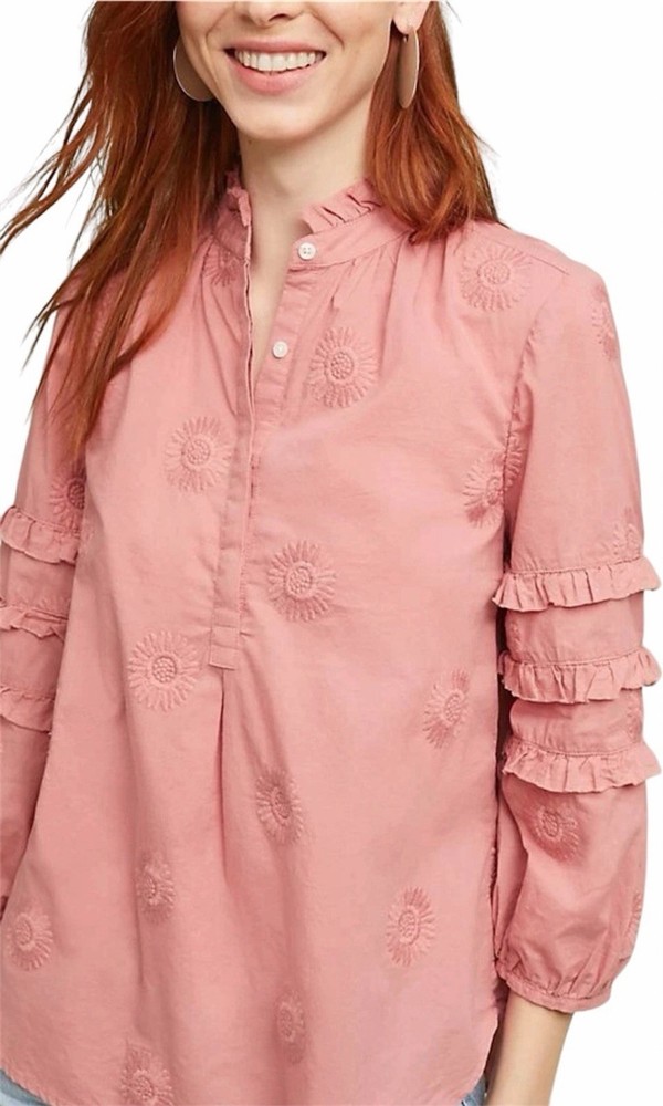 Anthropologie Isabella Sinclair Blouse Top Pink Embroidered Boho Ruffle small