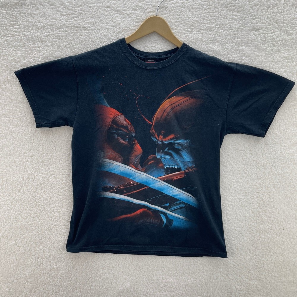 Vintage Deadpool vs Wolverine Shirt Mens Medium Black Marvel Mad Engine Tee Y2K
