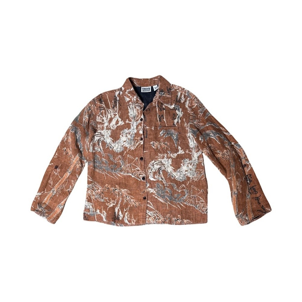 Chico’s Design Button Down Shirt Abstract Asian Print Brown Linen Size 0