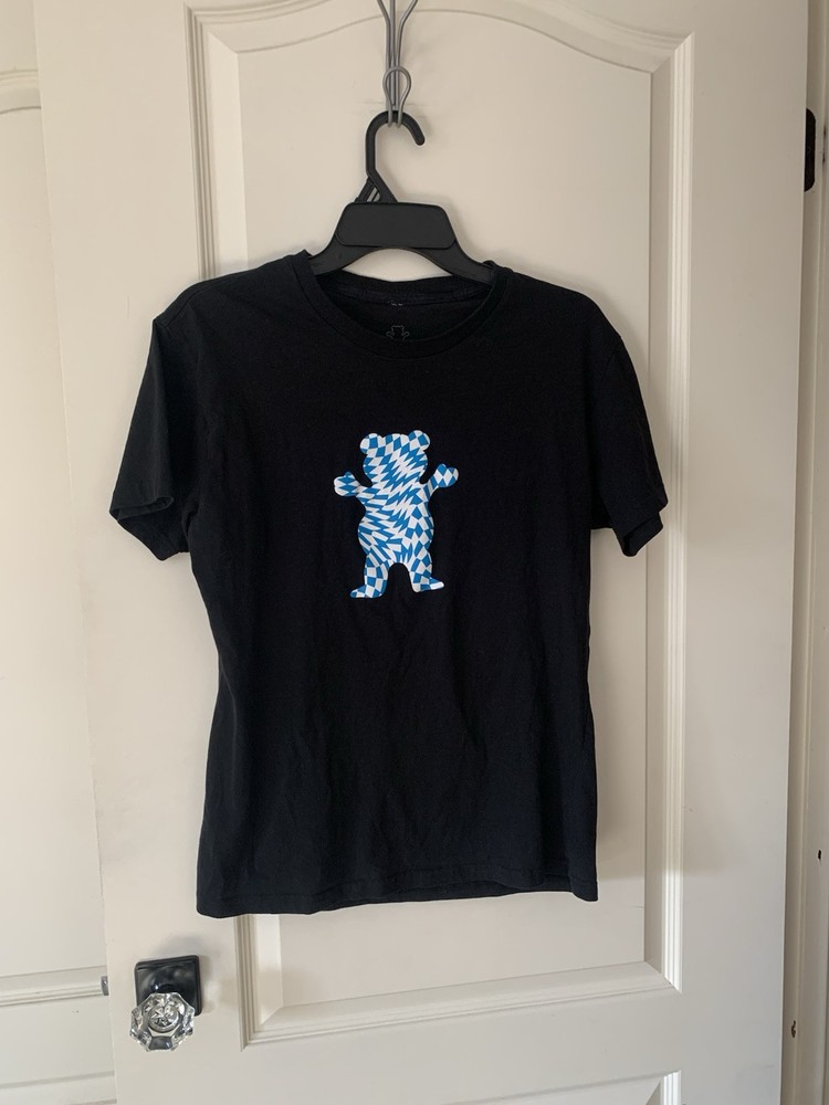 Grizzly Griptape Black Short Sleeve Graphic Tee with Checkered Bear Design in Medium