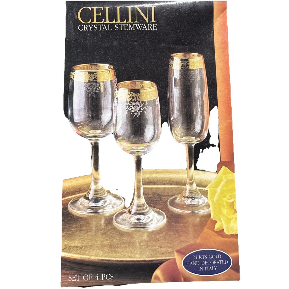 Set of 4 Cellini Crystal Stemware Wine Glasses 24 KT Gold Hand Decorated Italys7