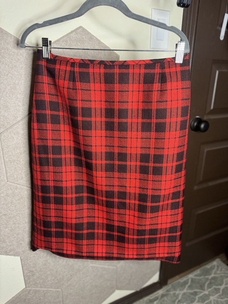 Preston & York Red Black Plaid Tweed Pencil Skirt Knee Length Women’s Size 6